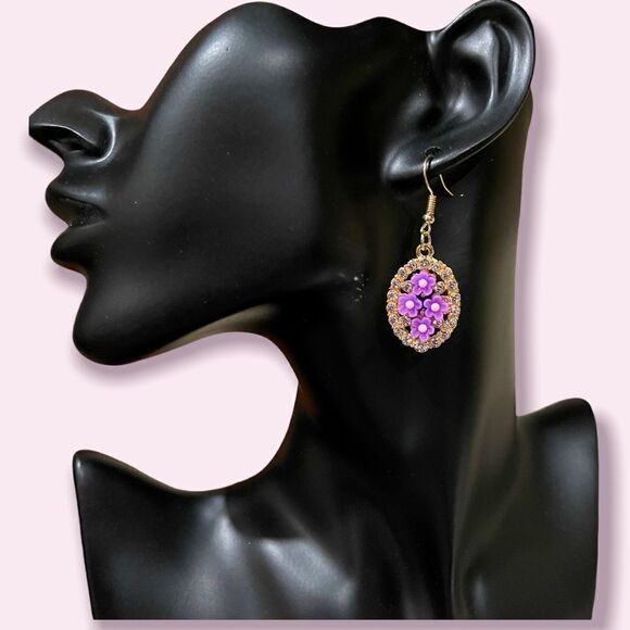 Rhinestone Flower Design Drop Earrings - Picture 1 of 3